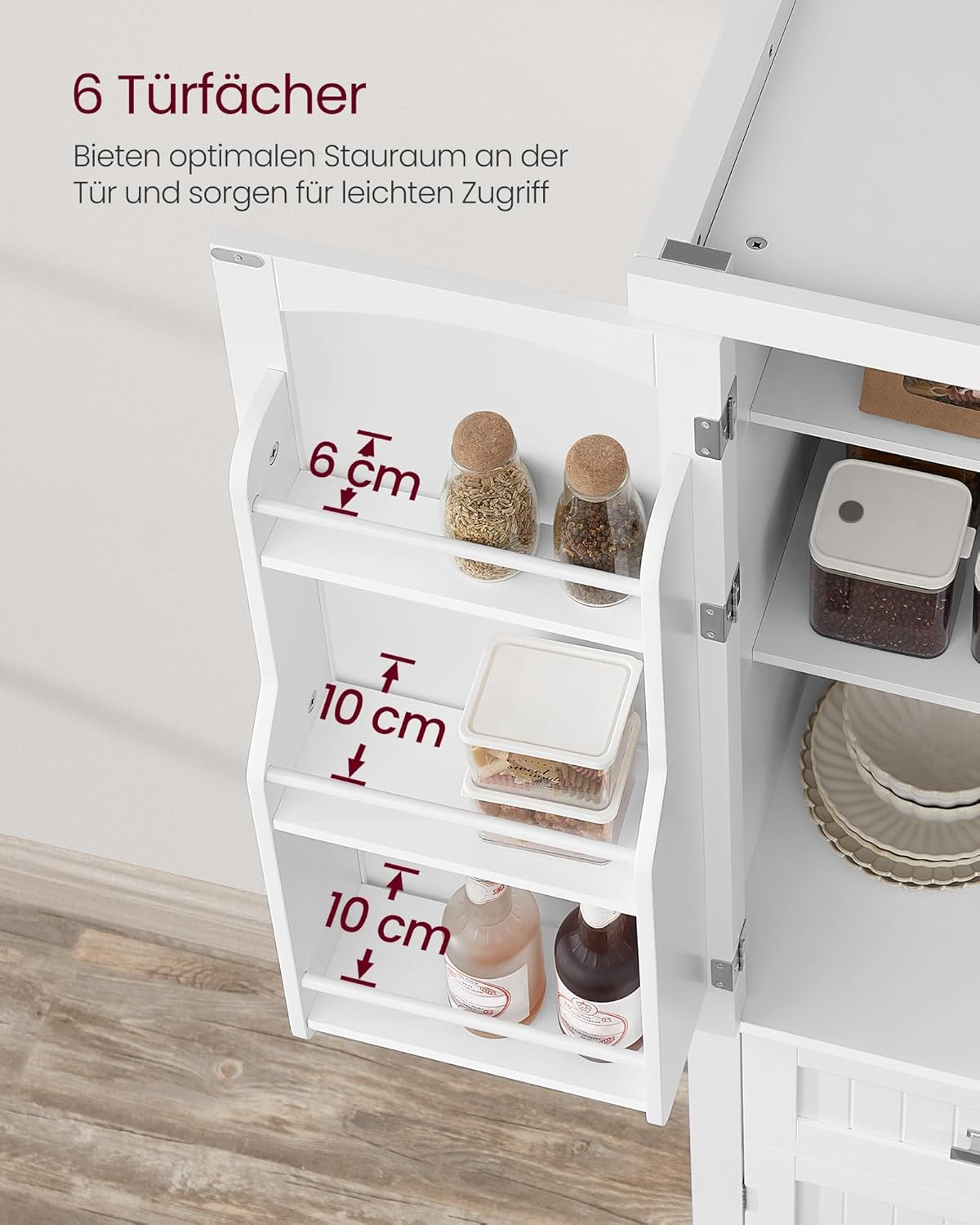 VASAGLE Küchenschrank, Hochschrank Küchenbuffet Vitrinenschrank, Buffetschrank mit Verstellbaren Ablagen, Esszimmerschrank mit Schubladen, für Wohnzimmer Küche, 40 x 76 x 182,1 cm, Weiß BBC561W21