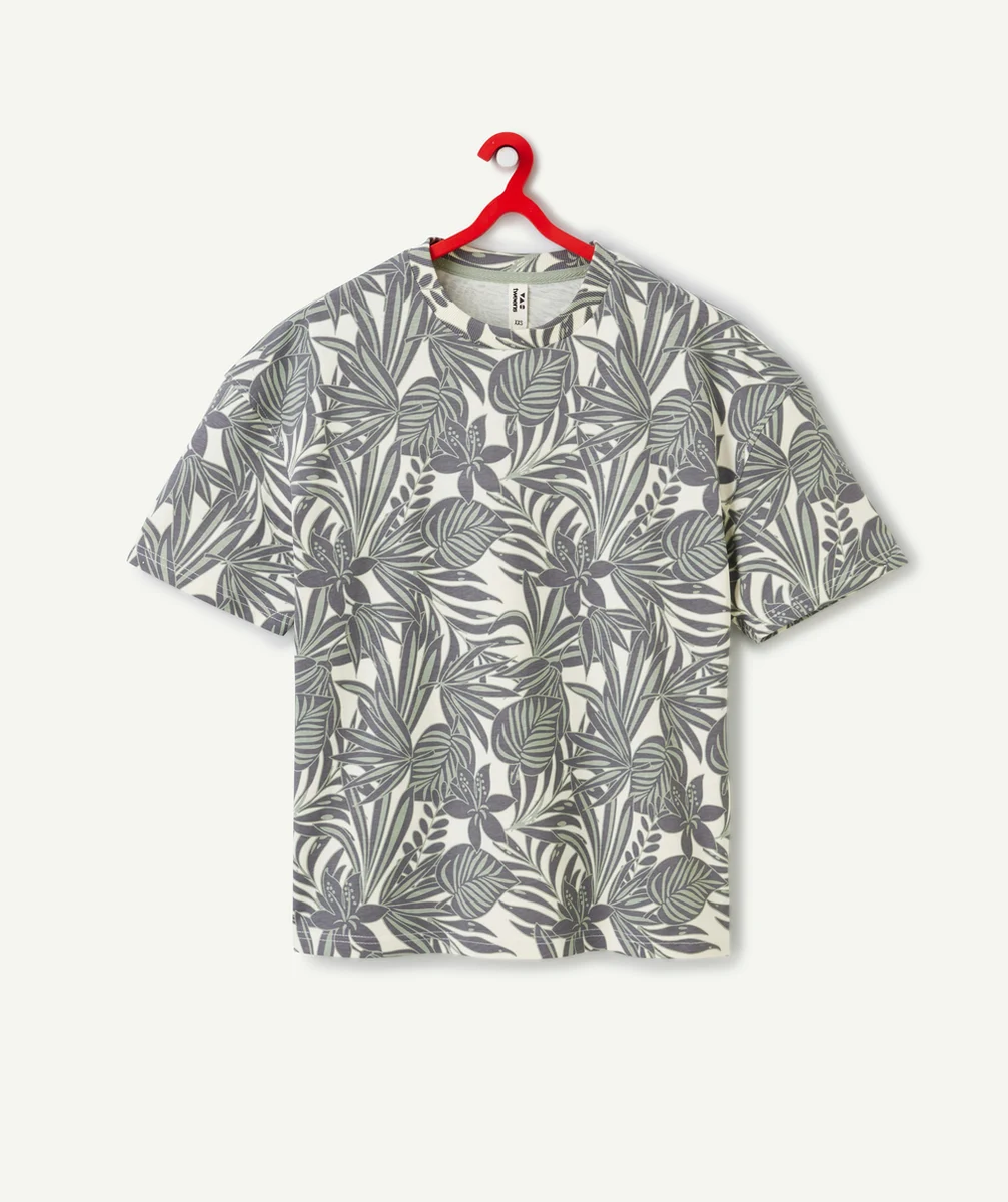 t-shirt garçon en coton bio imprimé feuillage vert et gris