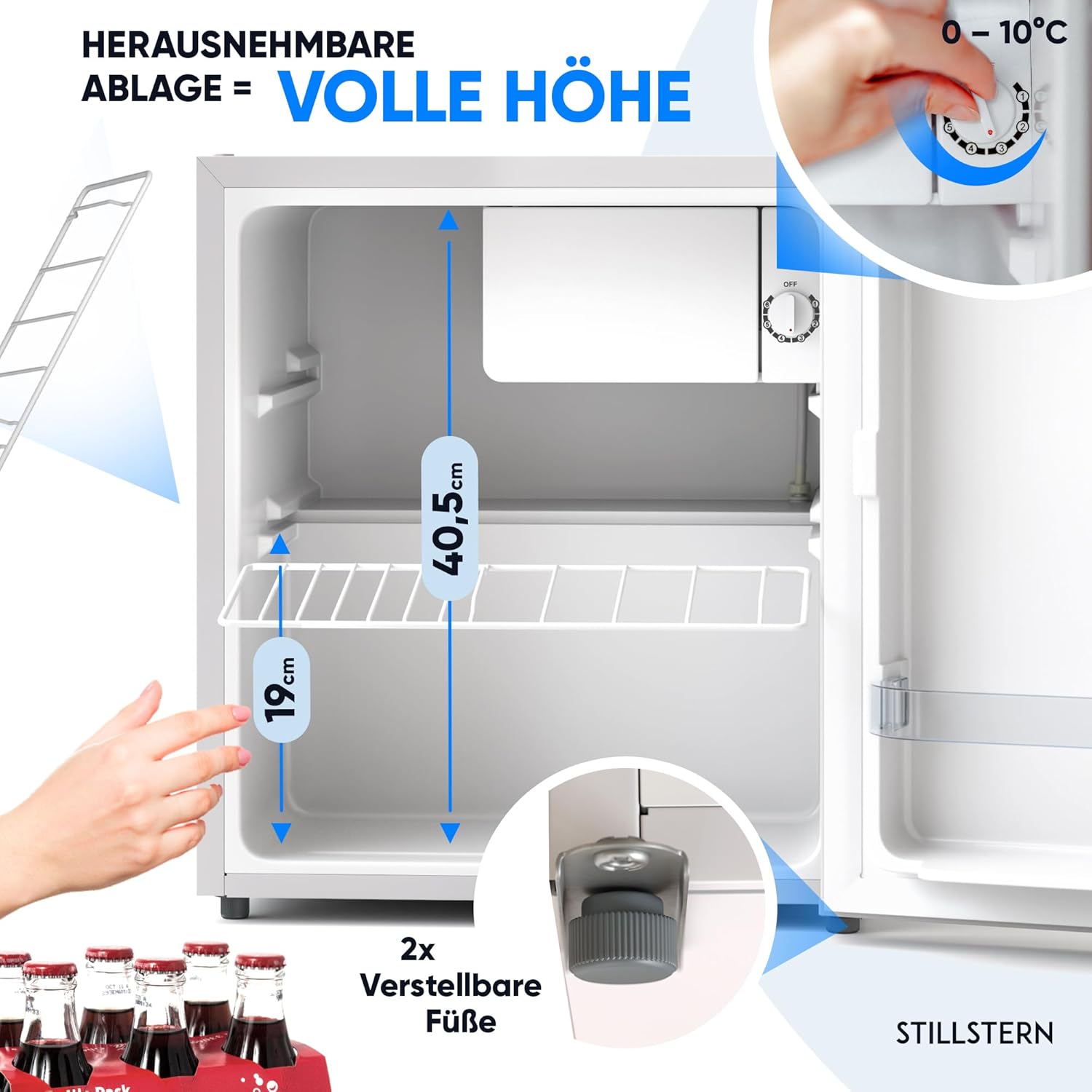 Stillstern Mini Kühlschrank E 45L mit Abtauautomatik, Schloss, Frostfach, Leise, Ideal für Küche, Büro, Schlafzimmer, Hotels und kleine Wohnungen Kühlschrank klein Minibar Getränkekühlschrank Weiß