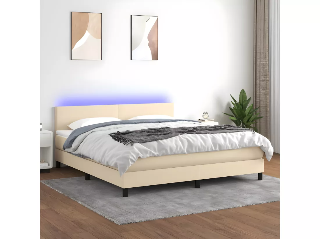 Sommier tapissier avec matelas et LED Crème 160x200 cm Tissu