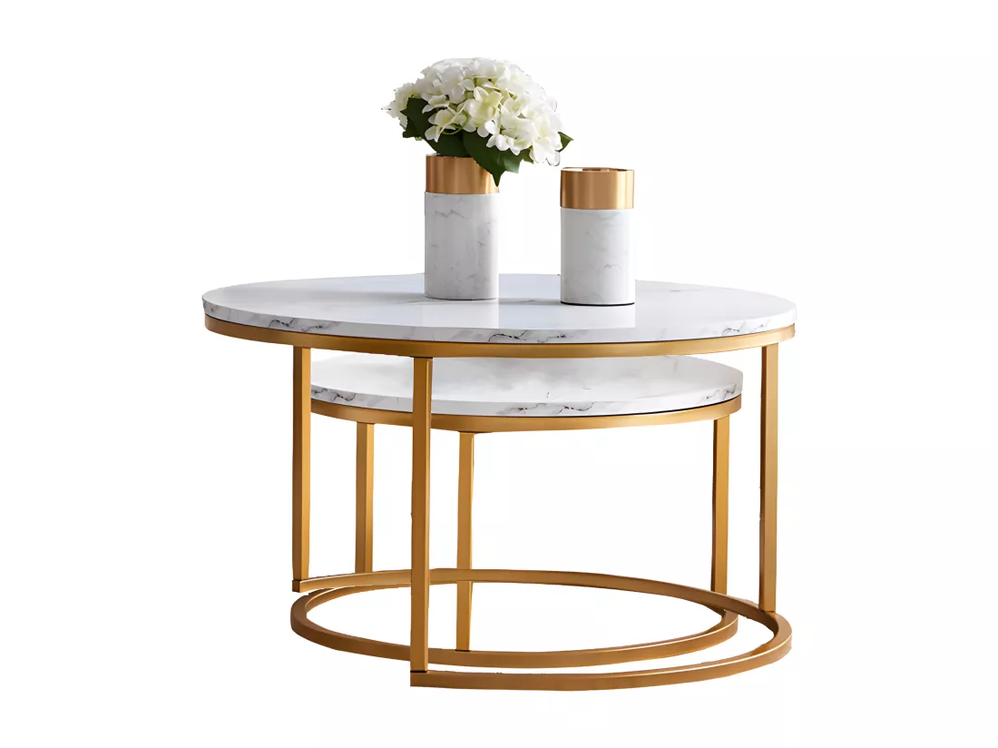 Lot de 2 Tables Basses gigognes - Marbre Blanc avec Structure en métal Dore - Table d'appoint Ronde - Table de salon Moderne, Tables de salon pour salon, Chambre à Coucher, Balcon
