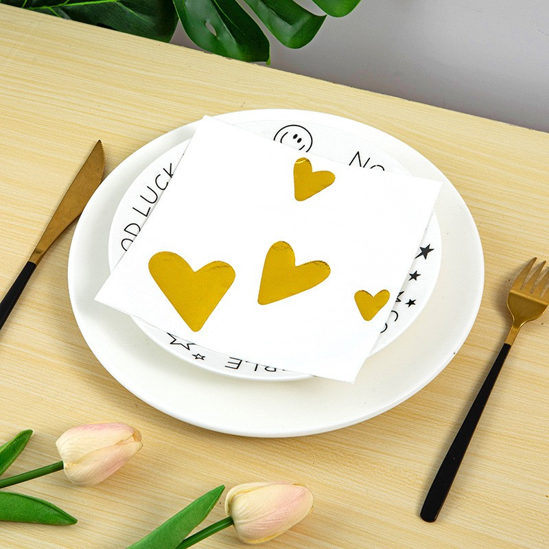 (20er Set) 33x33cm Einweg Servietten Party Tisch Dekoration Herz Design - Weiss / Gold