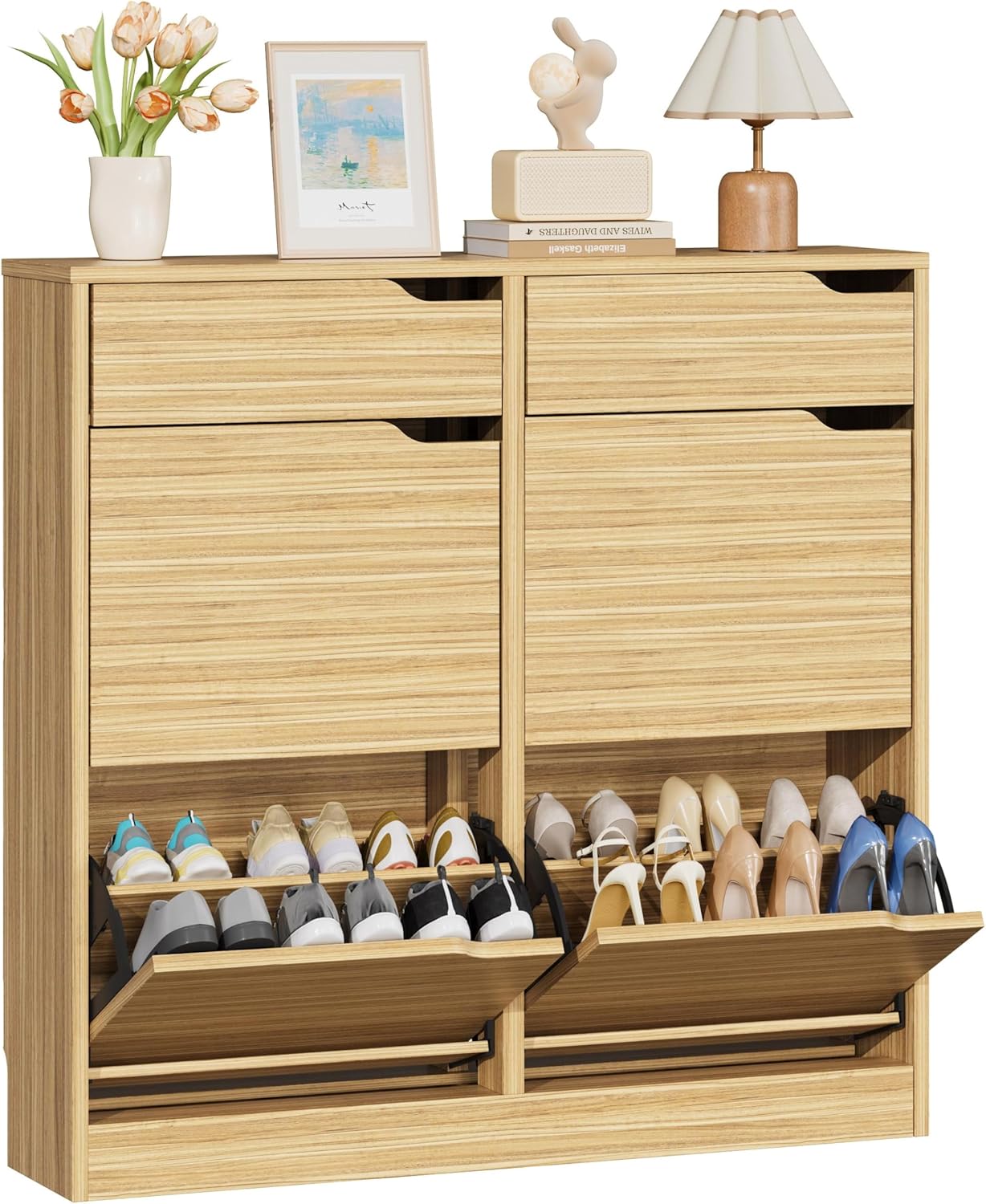 IRONCK Schuhschrank mit 4 Klappen, Schuhkipper Schmal mit 2 Schubladen, freistehendes Schuhregal, Schuhkommode mit verstellbaren Trennwände, Schuhablage Schrank für Flur Eingang und Wohnzimmer (Holz)