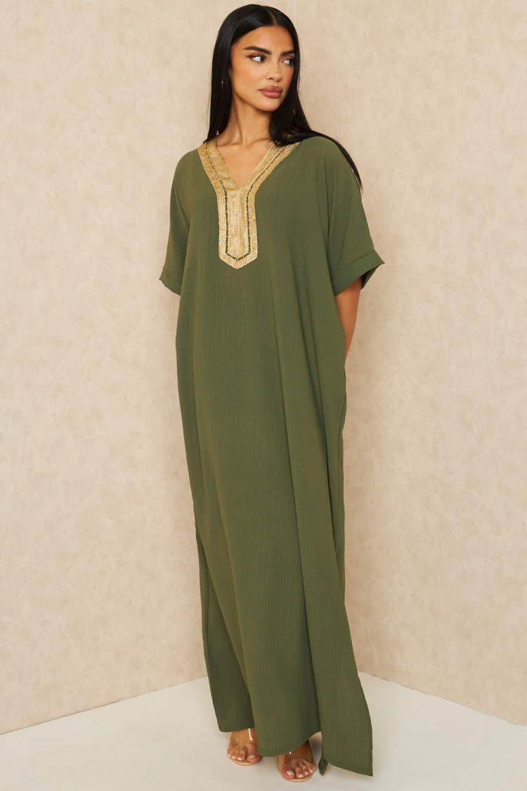 Abaya kaki à broderies dorées