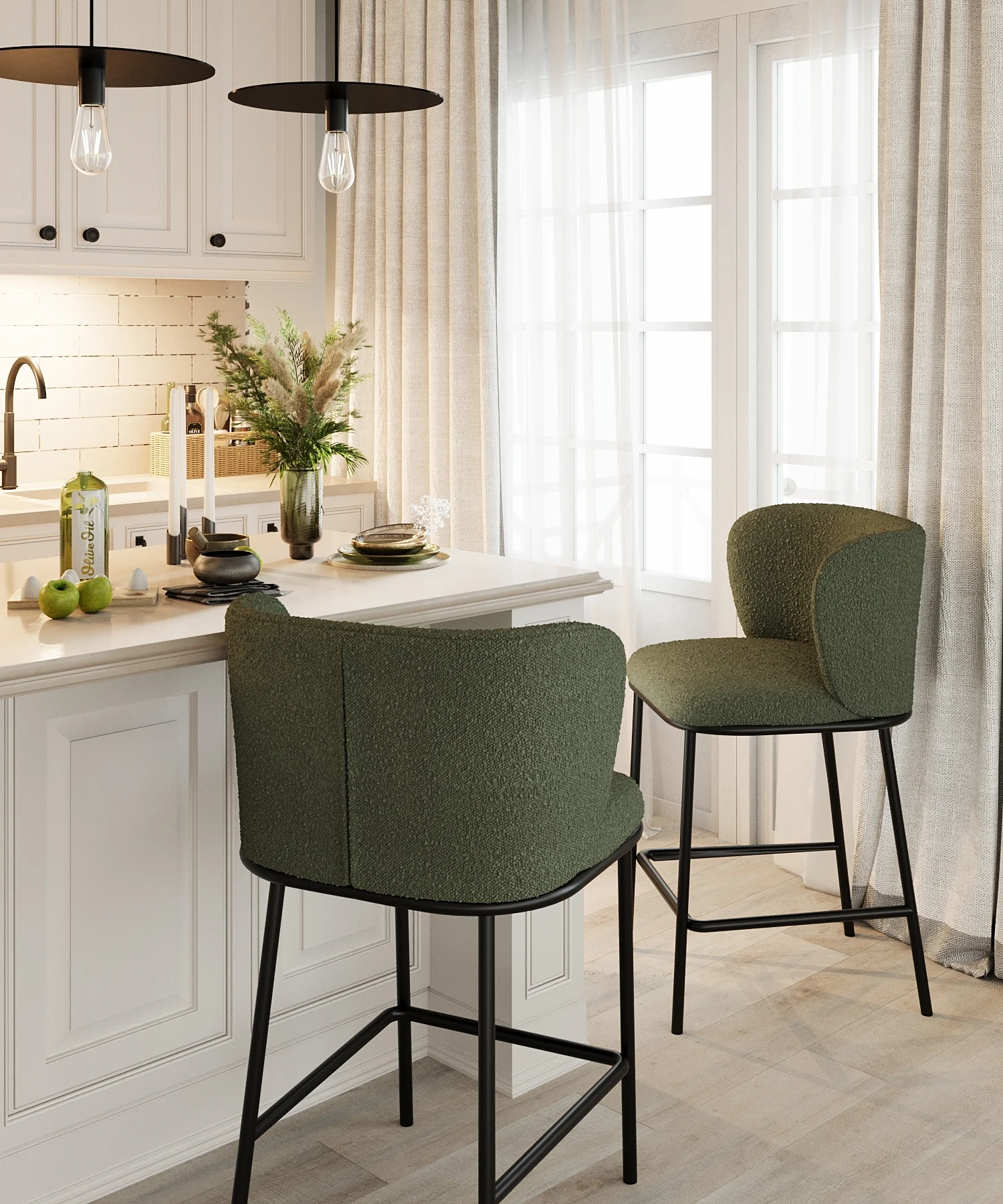 CÉSAR - Lot de 2 tabourets de bar tissu bouclé | Vert