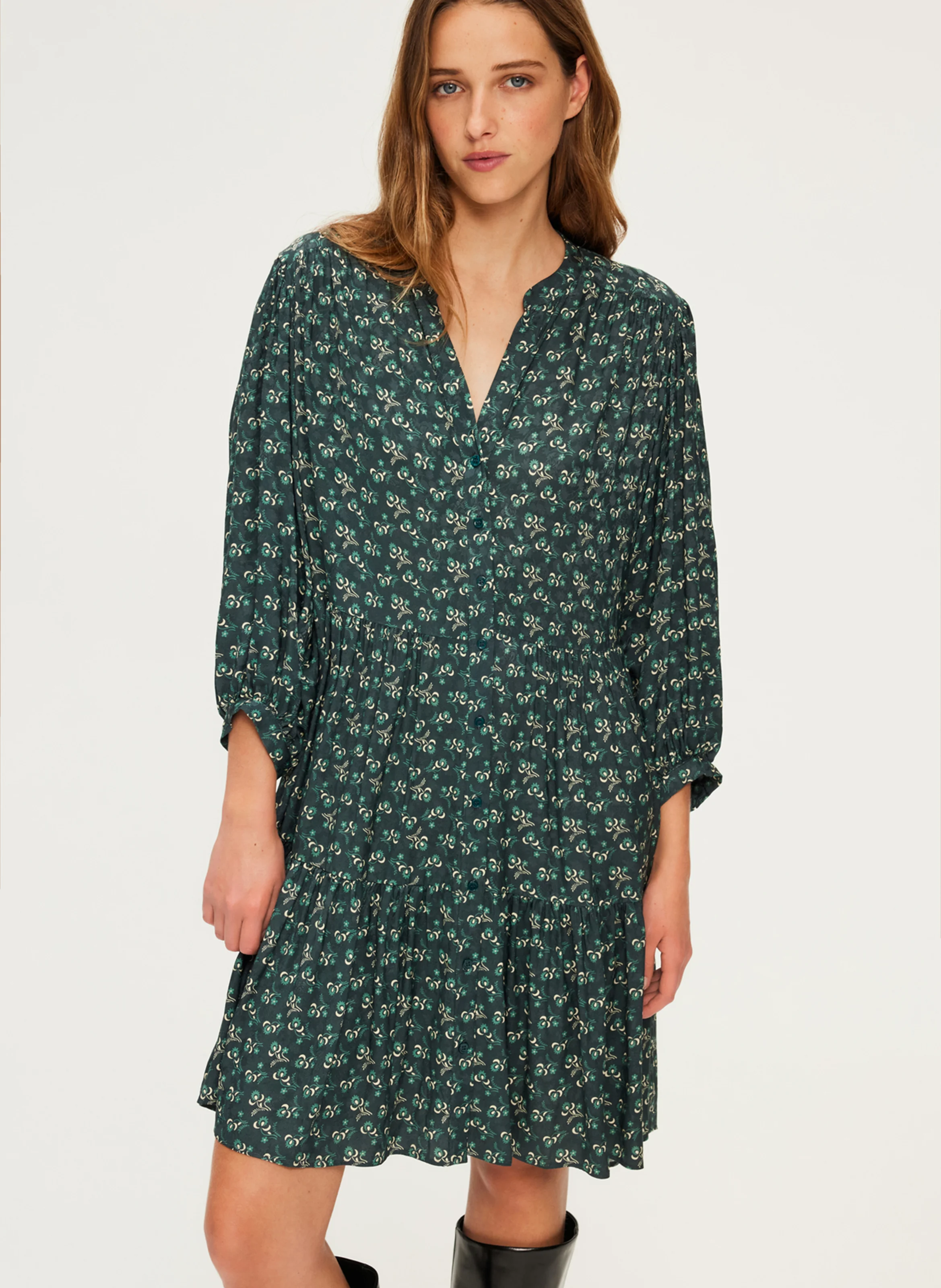SIRINE - Robe col tunisien à imprimé fleuri | Vert
