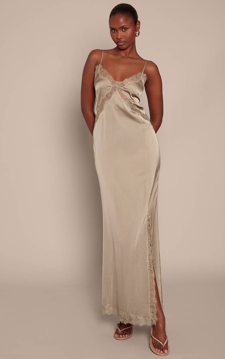 Vert Olive Robe Nuisette Longue En Satin À Bordure Dentelle