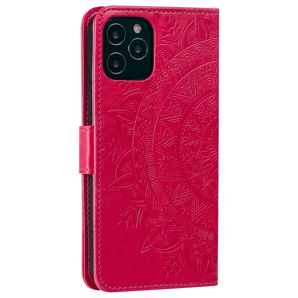 iPhone 12 / iPhone 12 Pro Leder Tasche Wallet - Mandala Flowers Imprint - Rot / Pink
