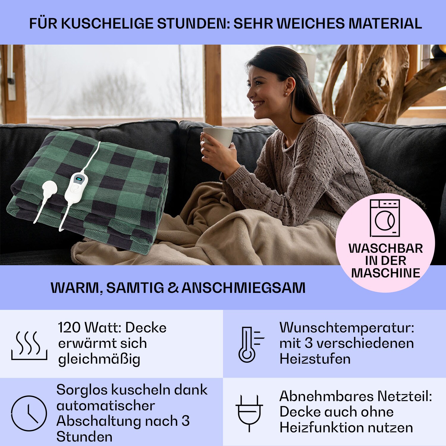 Dr. Watson XXL Heizdecke 3 Stufen waschbar 200x180cm Mikroplüsch