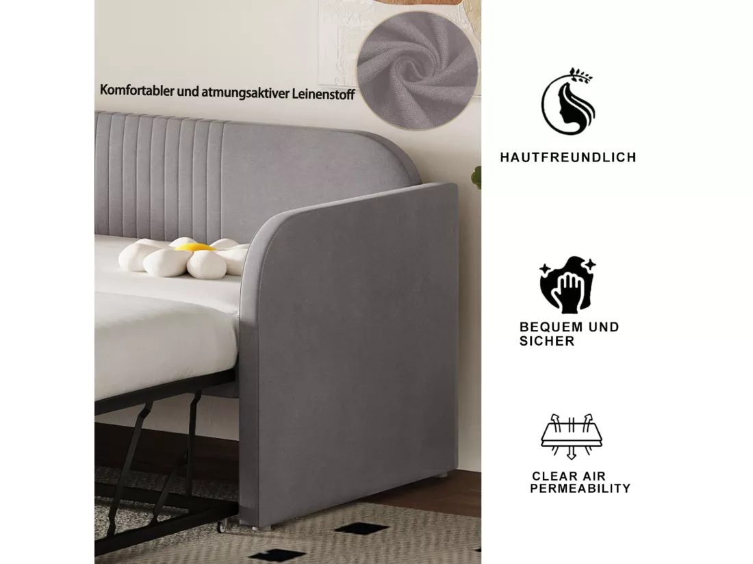 Lit gigogne 90-180x190cm, canapé-lit capitonné à rayures verticales, avec sommier à lattes, sans matelas, tissu en lin, gris clair