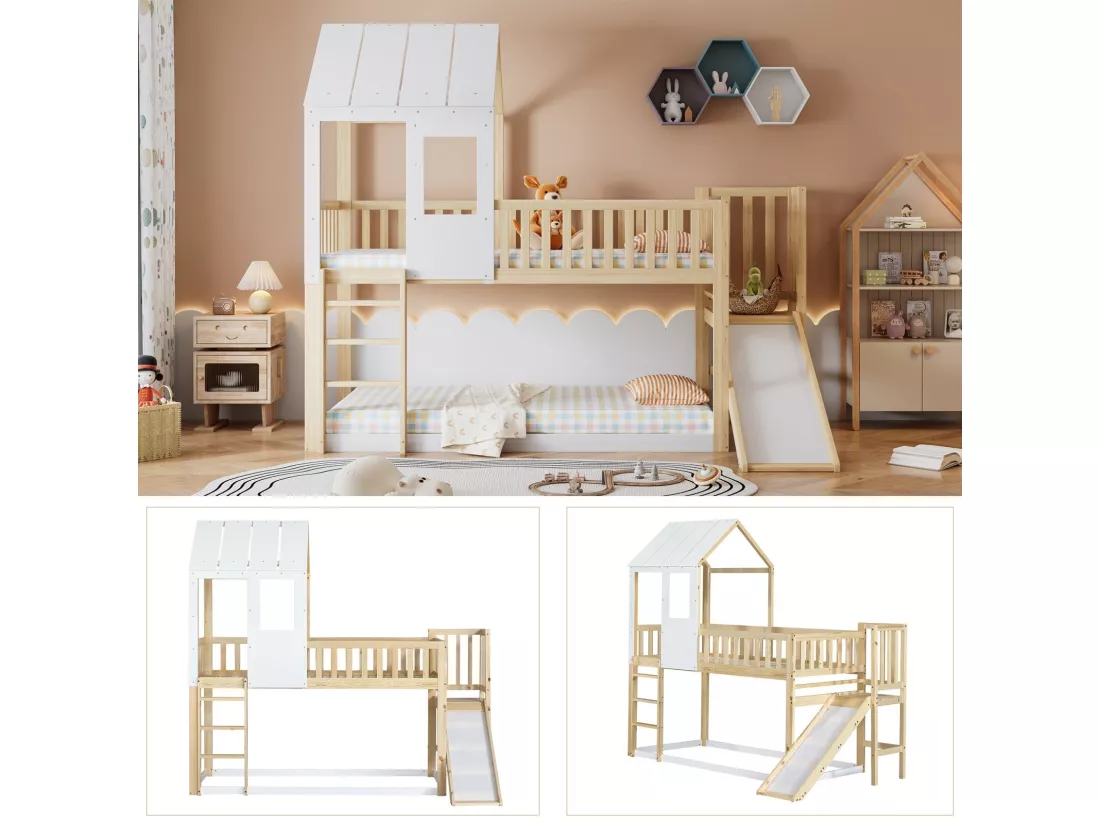 Lits superposés cabane 90 x 200 cm, avec escalier et toboggan, Pin certifié FSC, Blanc et naturel