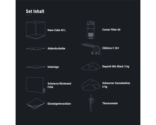 DENNERLE Nano Cube Compleet aquarium, 60 L, LED-verlichting Chihiros C 361 inclusief binnenfilter, afdekglas, veiligheidsmat, Scaper's Back achterwandfolie, beginnersbrochure, bodembedekking, grind en thermometer