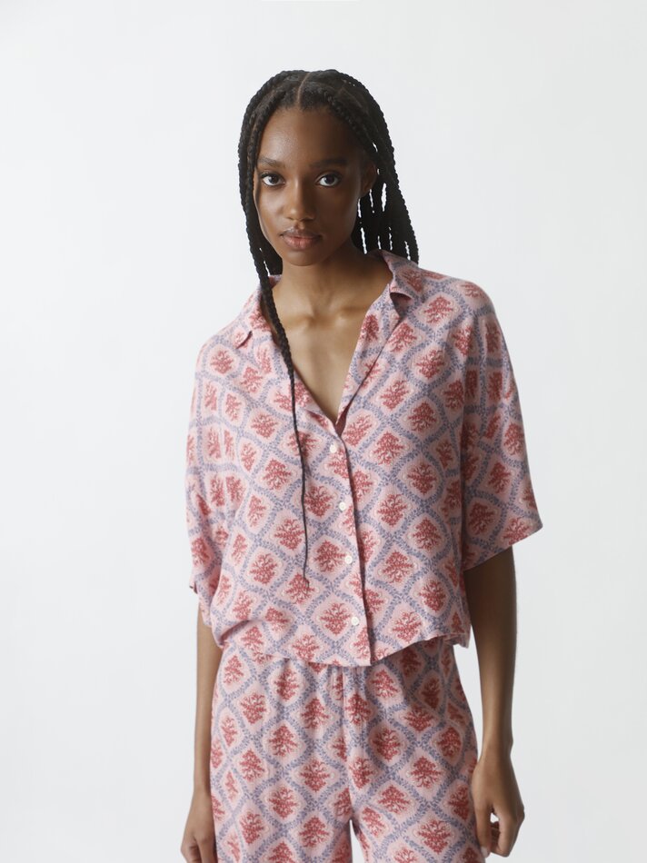 Camisa chambray cropped de manga curta - Rosa