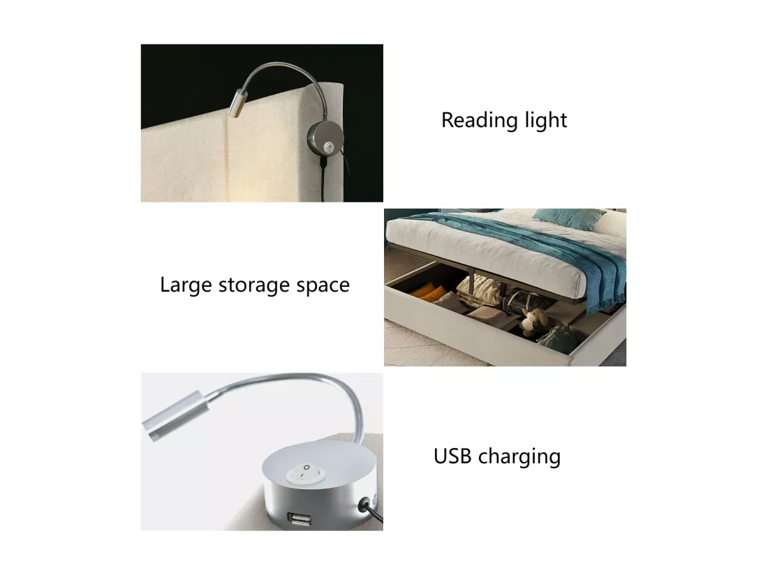 Lit coffre 160x200cm en lin - avec lampes de lecture et Ports de charge USB - avec sommier à lattes - Beige
