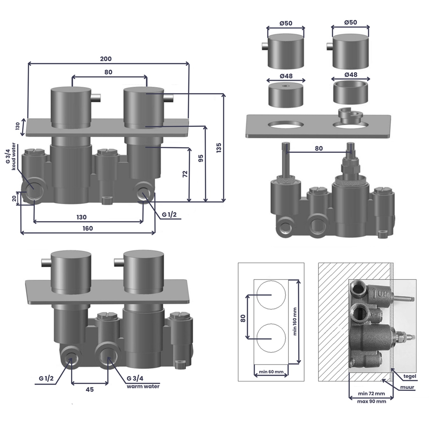 Saniclear Exclusive Curved inbouw regendouche met 30cm hoofddouche, plafondarm en 3 standen handdouche RVS