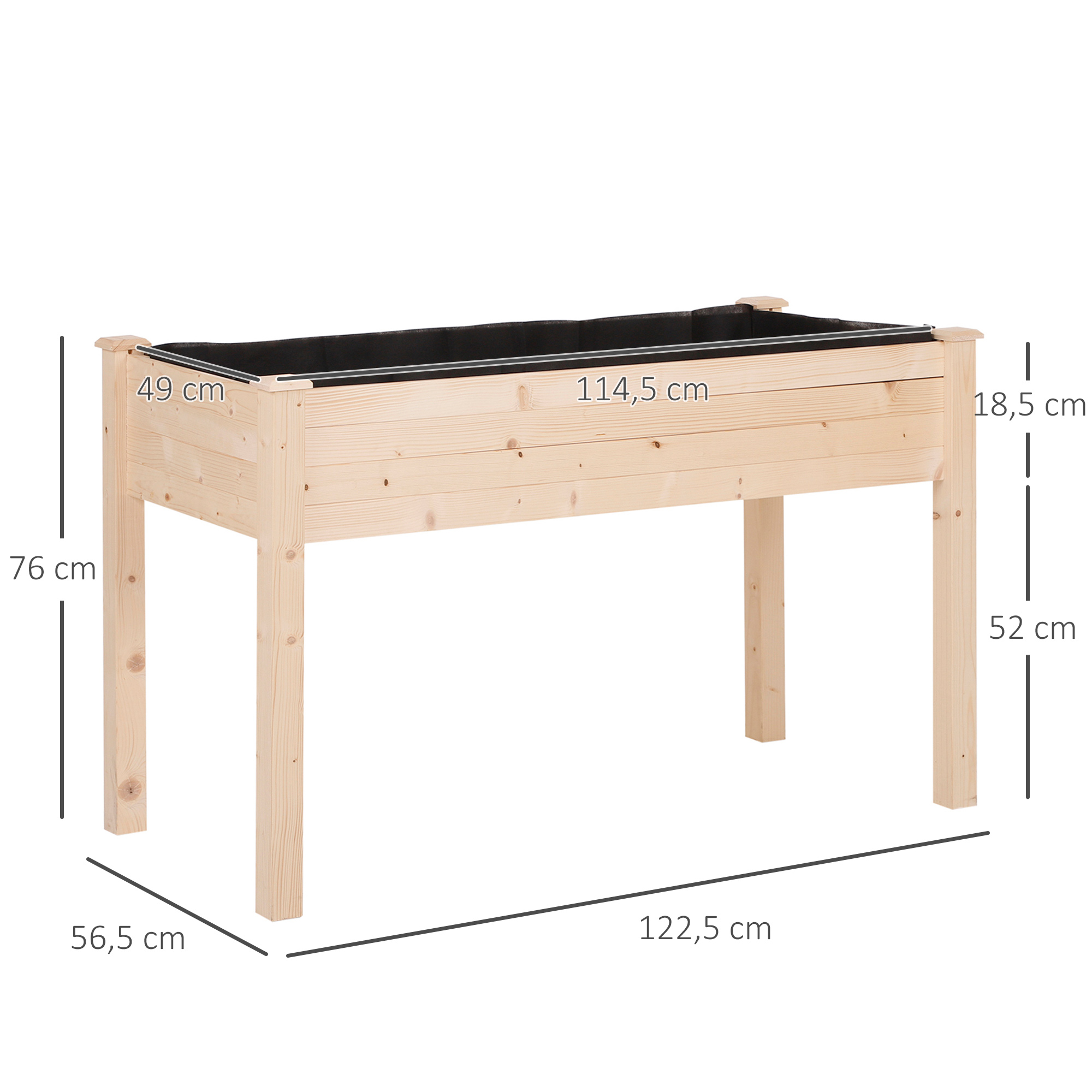 Horta urbana elevada de madeira Outsunny, 122,5 x 56,5 x 76 cm, com mesa de plantio elevada, tecido não tecido e 4 orifícios de drenagem para o cultivo de plantas e flores.