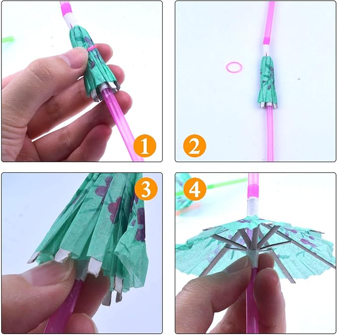 (100er Set) 24cm Flexibler Kunststoff Strohhalm Einweg Sommer Party Deko Trinkhalm mit Schirmchen - Bunt
