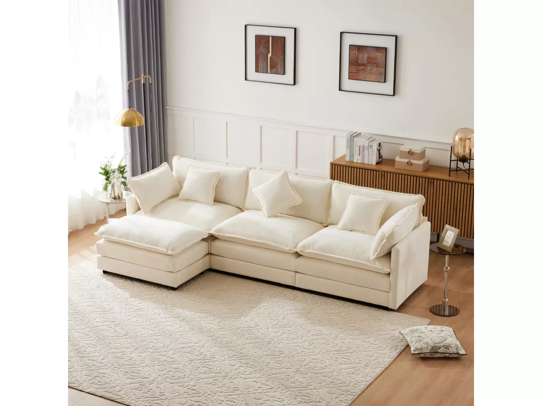 Canapé d'angle 3 places en chenille - avec un repose-pieds modulable - Beige
