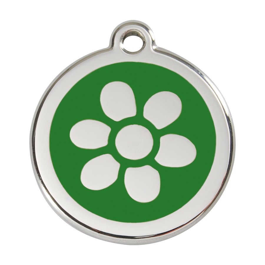 Placa de identificação para cães em aço inoxidável esmaltado com flor verde