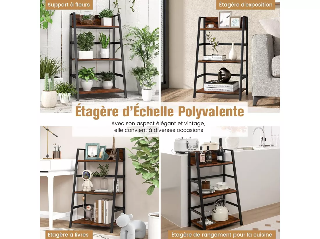 Lot de 2 bibliothèque industrielle à 3 niveaux 54x34x90cm, etagère en bois polyvalente