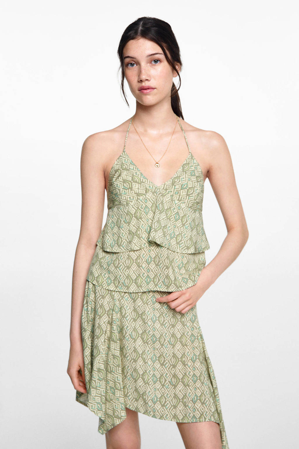 MANGO TEEN spaghettitop met all over print groen