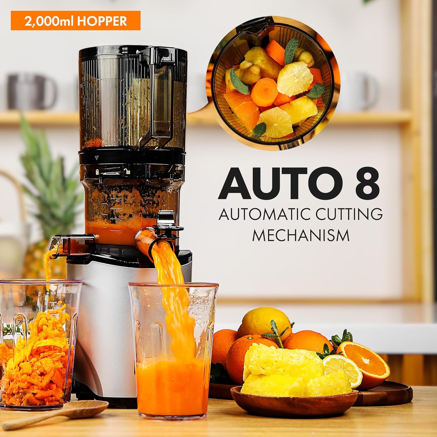 Kuvings AUTO8 Entsafter – Pflegeleichter Slow Juicer mit 2L Fassungsvermögen und 200W Motor ideal für Obst, Gemüse und Smoothies. (Silber)_KHS-860SE