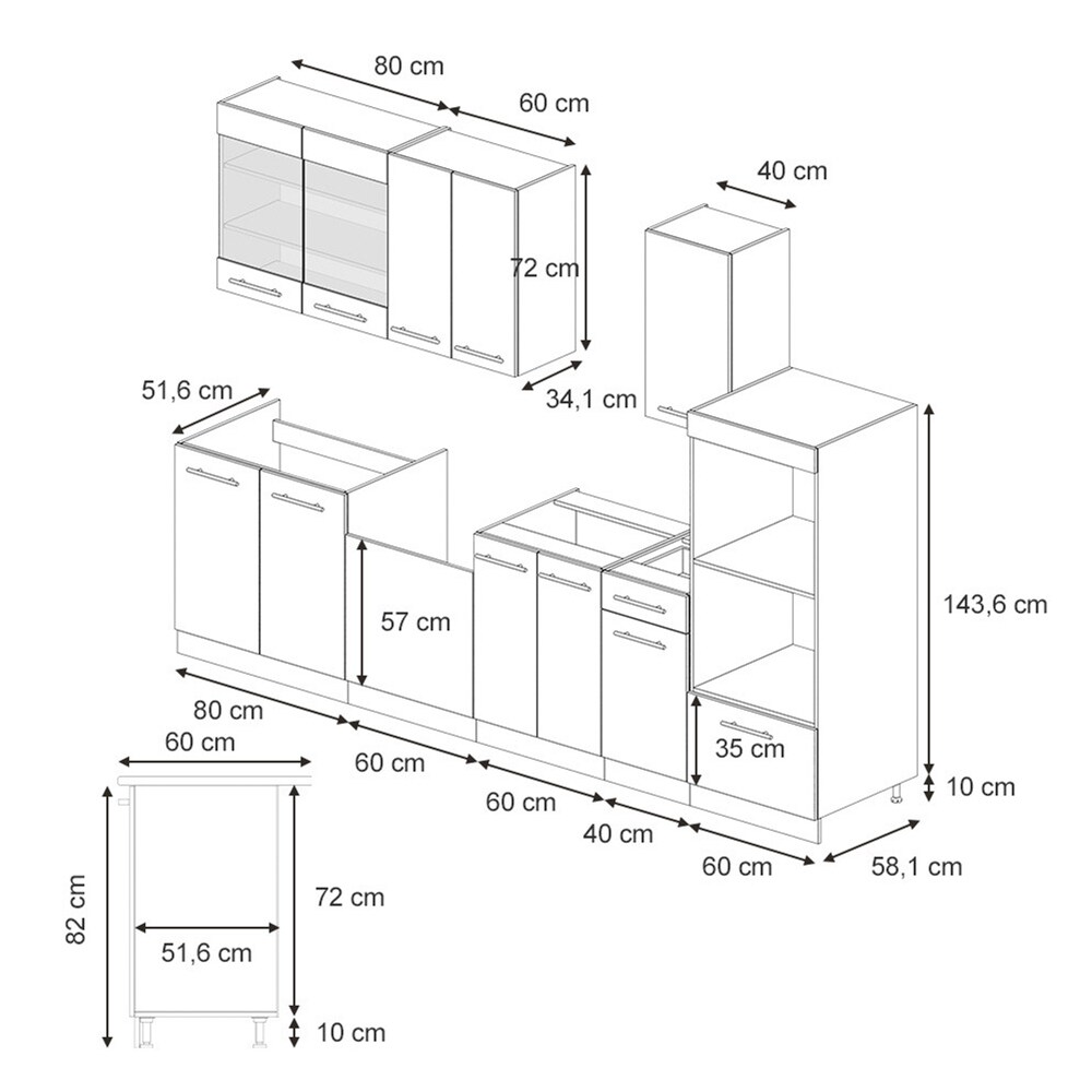 Vicco Küchenzeile Fame-Line Eiche Dunkelblau Hochglanz 300 cm mit Arbeitsplatte Anthrazit