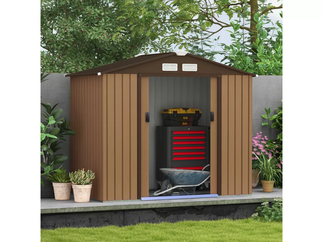 Abri de jardin - remise pour outils - cabanon porte verrouillable - dim. 213L x 130l x 185H cm - tôle d'acier café chocolat
