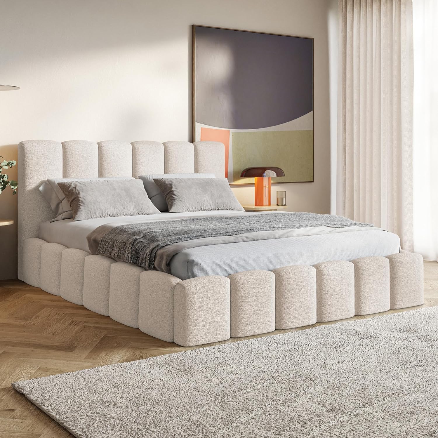 Nunu Bubble Bett 140x200 Beige Boucle, mit Stauraum, mit Kopfteil, mit Lattenrost, ohne Füße, ohne Matratze, Bubble Polsterbett 140x200 mit Bettkasten Beige