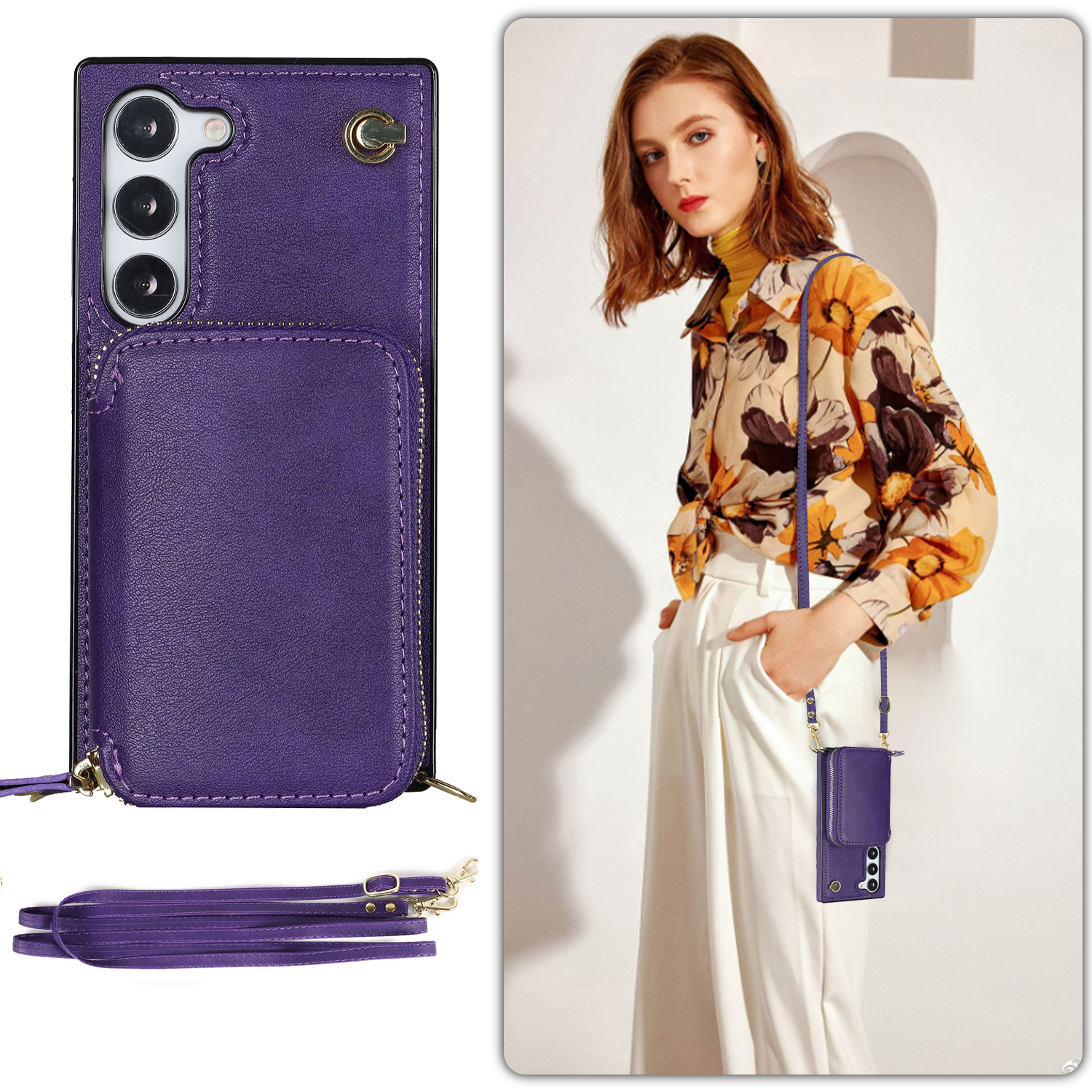 Samsung Galaxy S23 5G Necklace Leder Schutz Hülle mit Kartenfächer   Handykette (140cm) - Violett