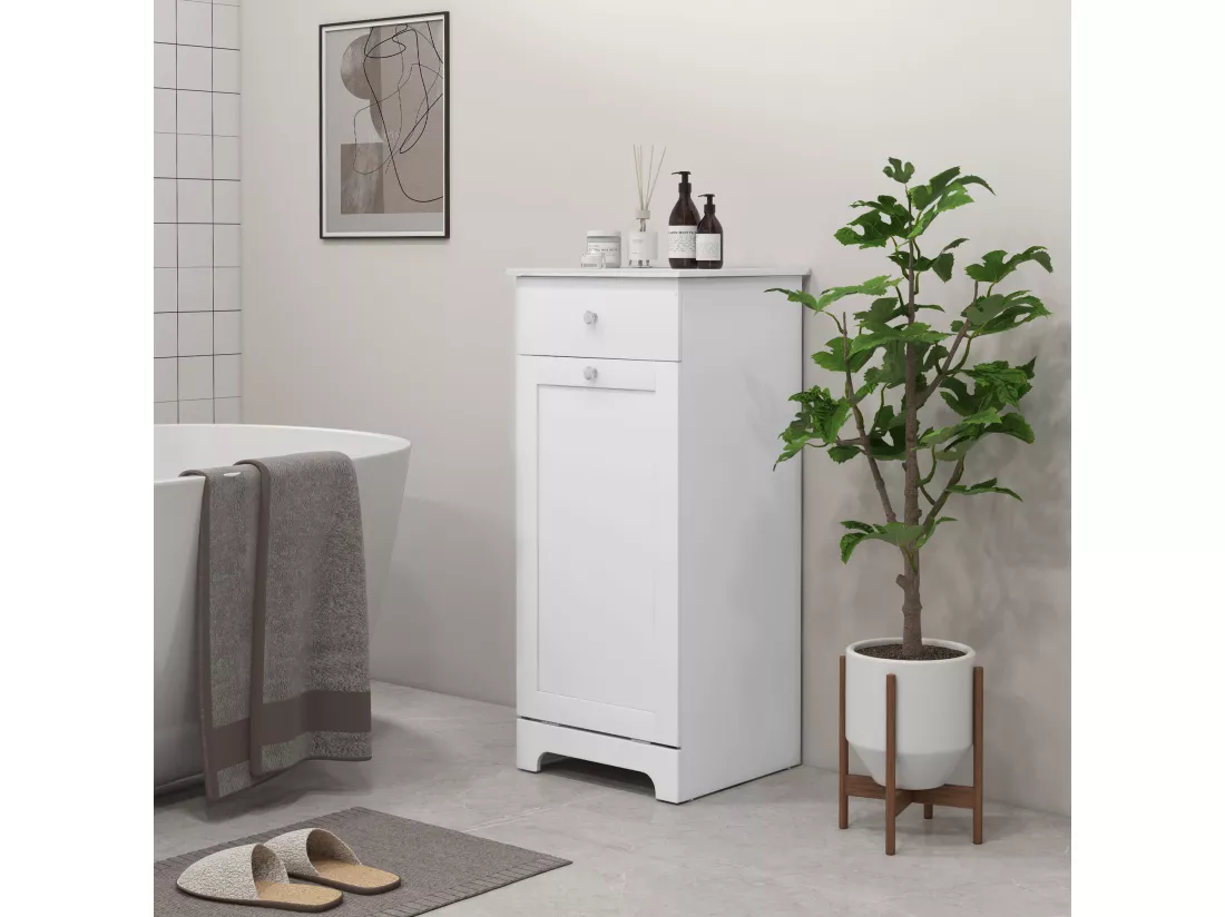 Meuble de salle de bain avec panier à linge, meuble de rangement avec tiroir - 40L x 40l x 90,5H cm - blanc