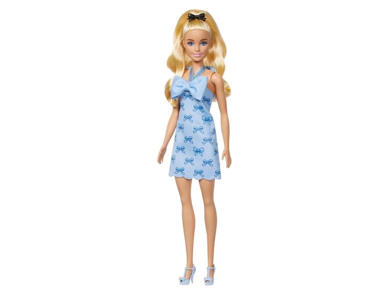 Barbie Puppe Fashionista Blue Bows Fashionistas-Puppe in blauem Neckholderkleid mit Schleife, blondem Haar und einer Haarschleife