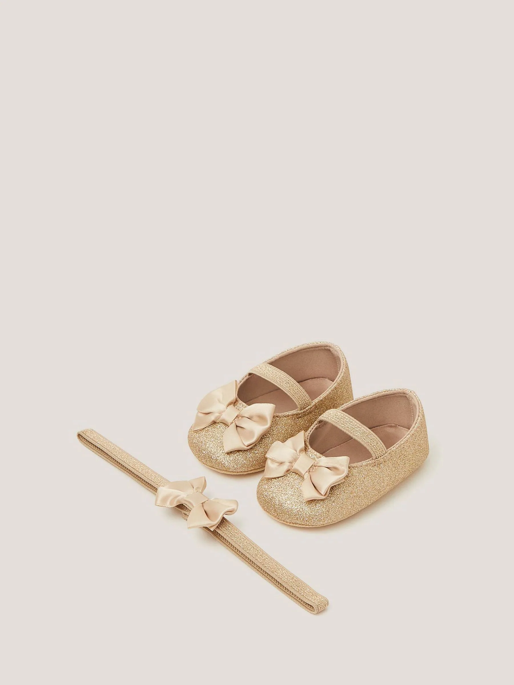 Goud - Monsoon Baby Bow Glitter Booties & Headband Set