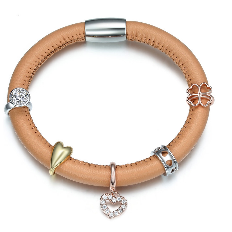Bracelet Charm's en Cuir Beige et Acier Inoxydable
