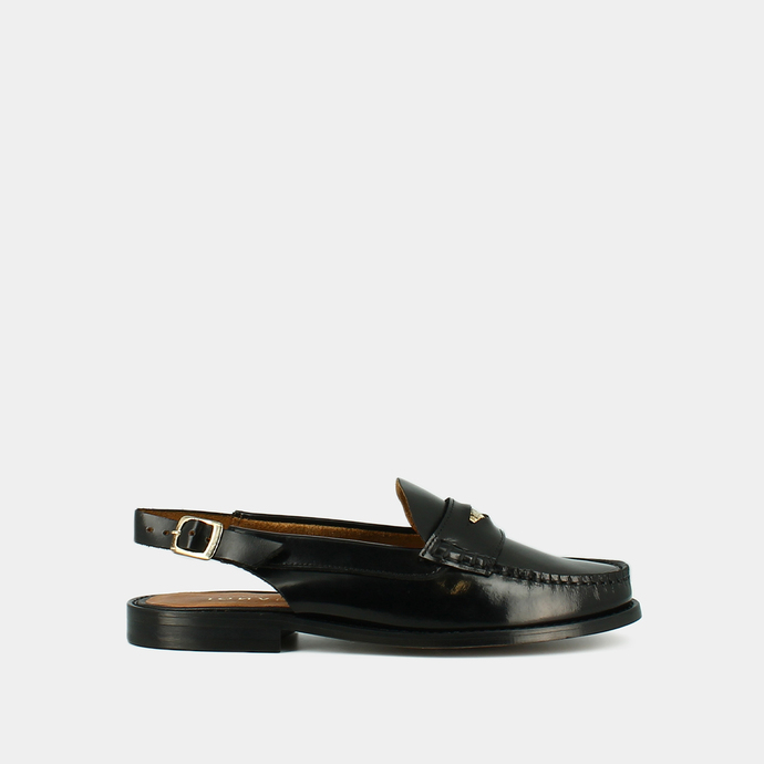 Mocassins slingback et détails dorés  en cuir glacé noir