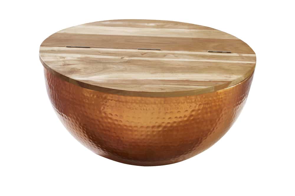 Runder Couchtisch ORIENT STORAGE 60cm kupfer Hammerschlag handmade Akazienholz mit Stauraum