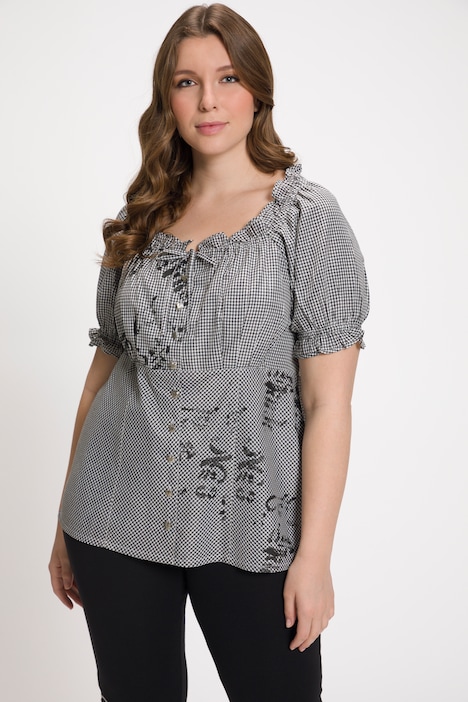 Trachten-Carmenbluse, Vichy-Karo, Herzknöpfe, Halbarm