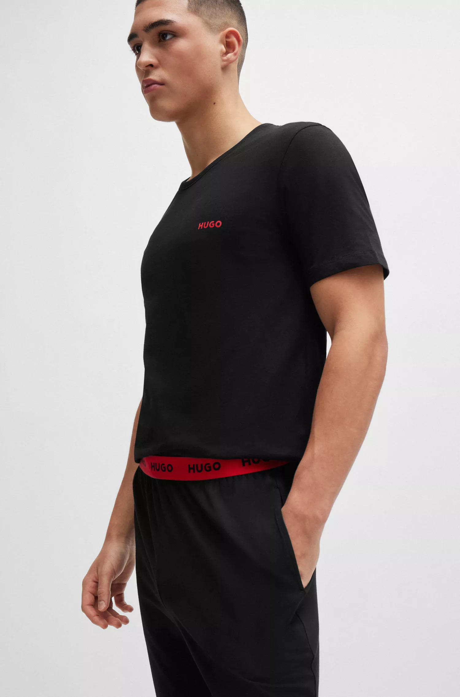 Calça de pijama HUGO vermelha em algodão elástico com cós com logotipo.