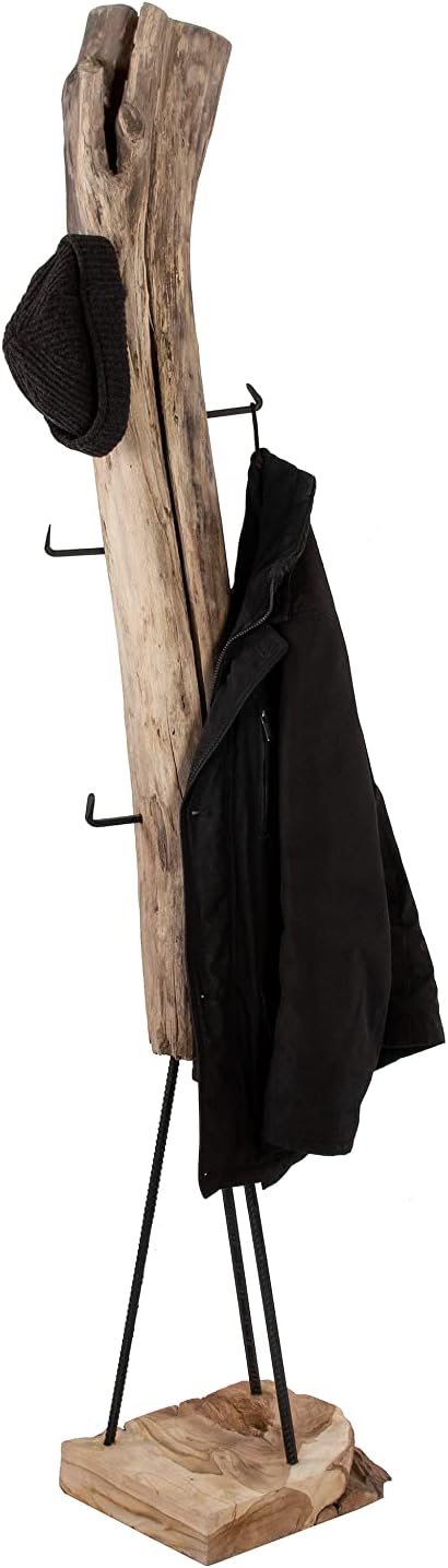 SAM Garderobe Zalacca aus Teakholz, naturbelassen, Garderobenständer aus massivem Wurzelholz, Kleiderständer mit Metallstangengestell, 37 x 32 x 185 cm
