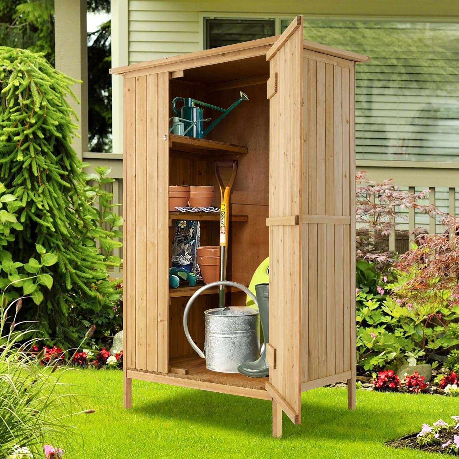 HOMASIS Gartenschrank Holz, Gartenhaus mit 3 Regalen & 5 Haken, Gerätehaus Wetterfest Outdoor, Geräteschuppen mit Asphaltdach, Geräteschrank Gartenschuppen Holzschuppen, Natur, 91x66x150cm