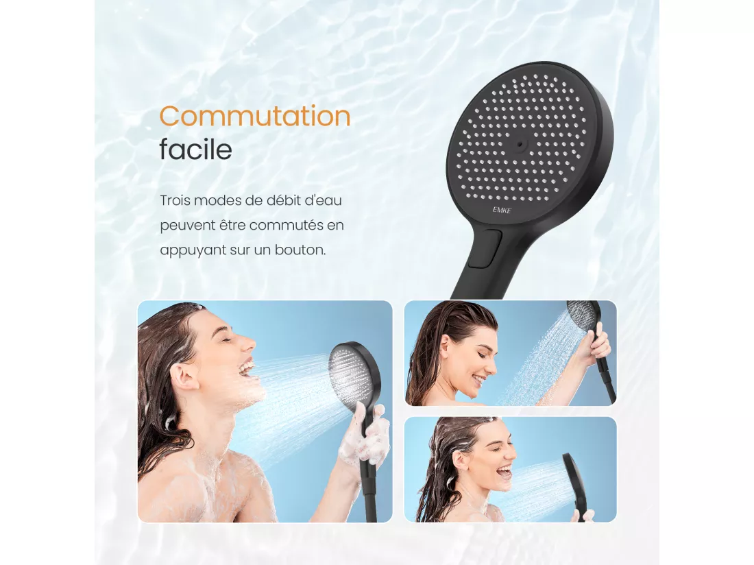 EMKE Colonne de Douche avec douche theramostat 38 °C à Grande douche de tête et douchette multimode, Cercle, noir
