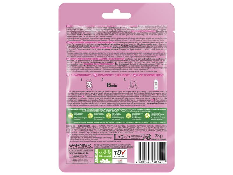 Garnier Gesichtsmaske Hydra Bomb Sakura 1 Stück Tuchmaske für fahle Haut pflegt und versorgt die Haut intensiv mit Feuchtigkeit