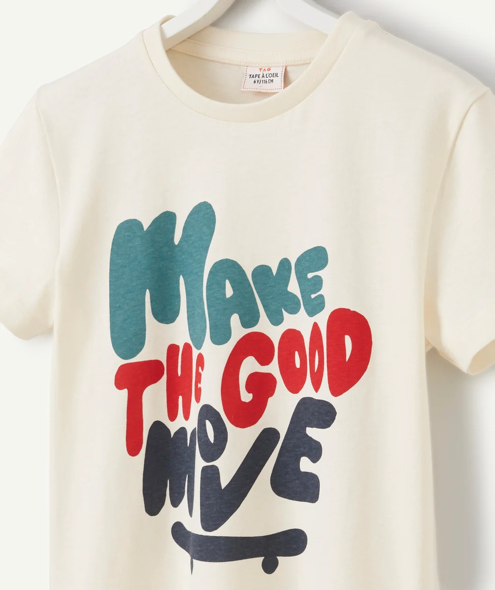 T-SHIRT GARÇON EN COTON BIO ÉCRU AVEC MESSAGE ET SKATE