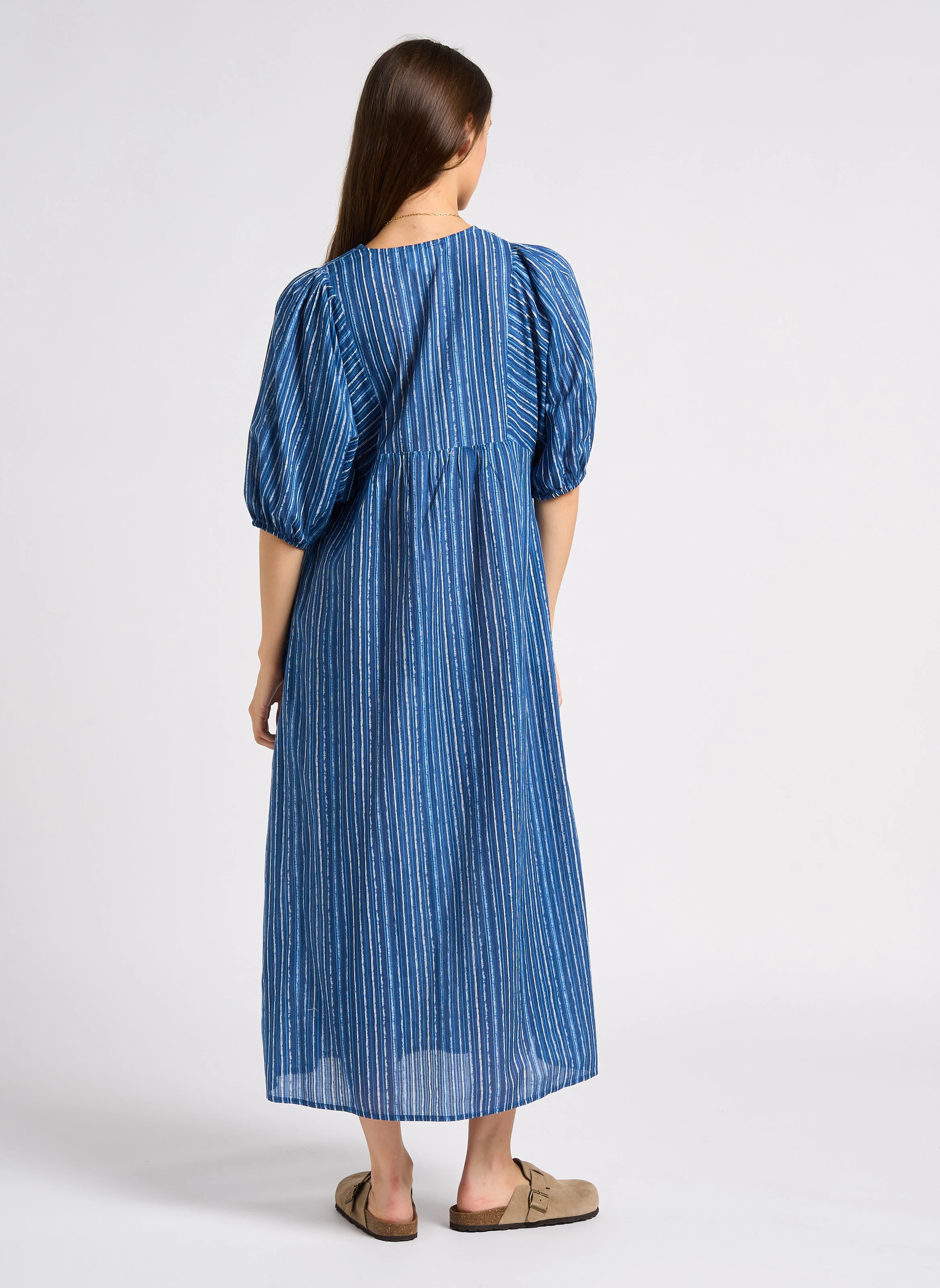 MARIE - Robe midi col V en coton | Bleu