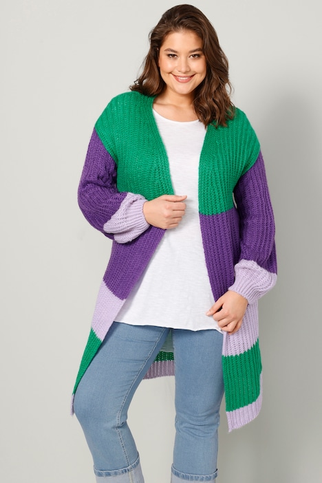 Long-Strickjacke, oversized, Blockstreifen, offene Form, Langarm