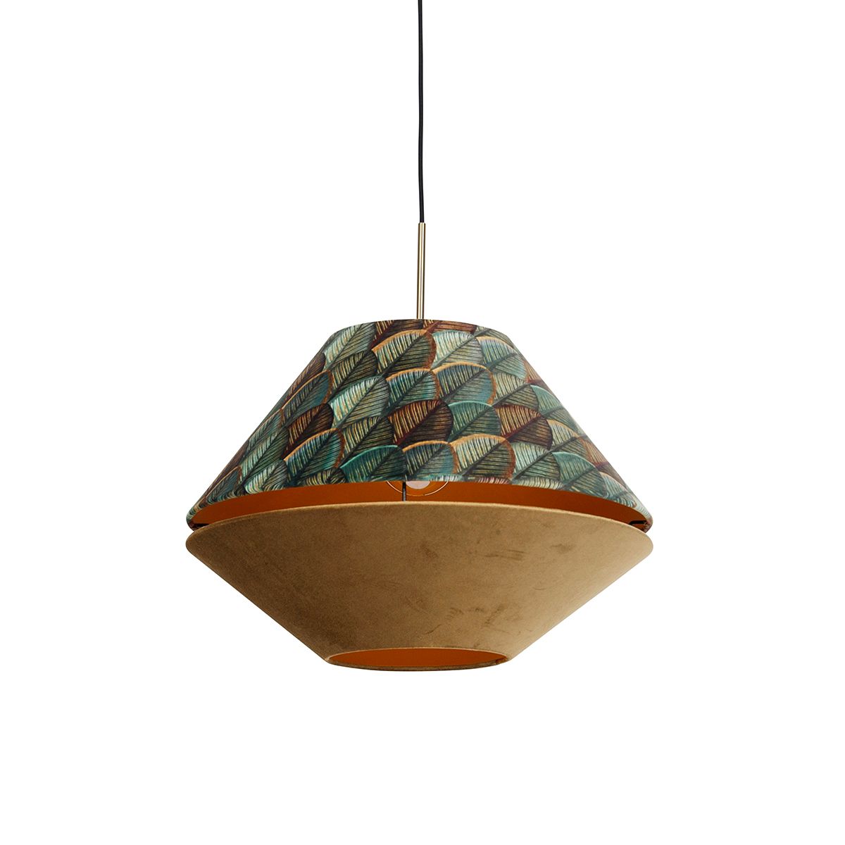 Moderne hanglamp brons met dubbele velours kap blad dessin en beige - Combi 1