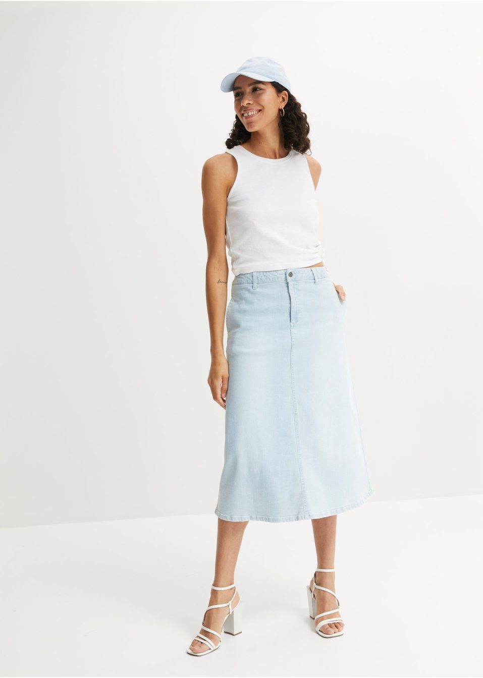 Jupe en jean extensible, longueur midi