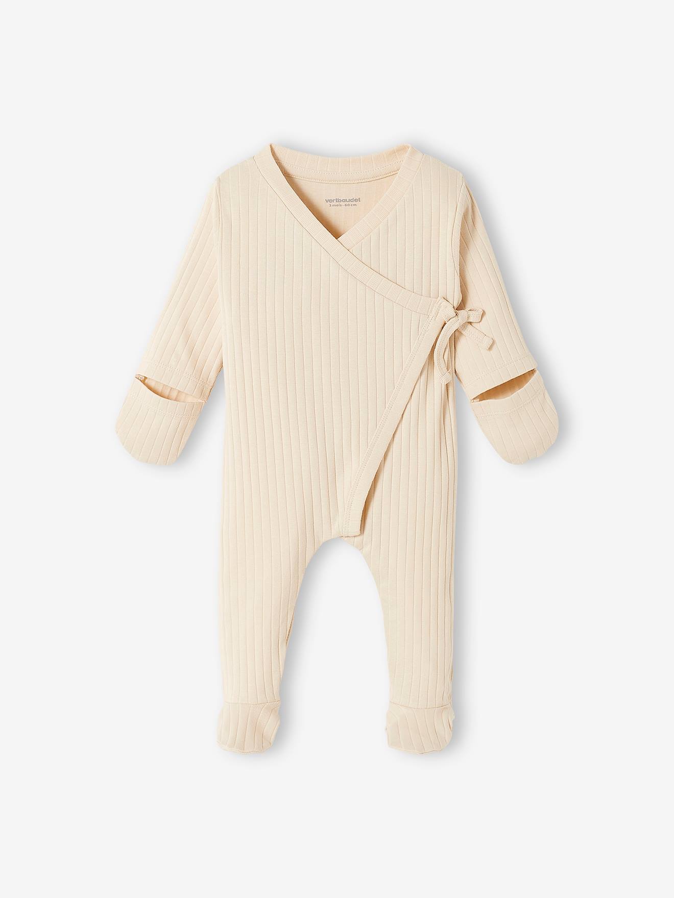 Conjunto de macacão e gorro canelados para bebê, bege claro liso