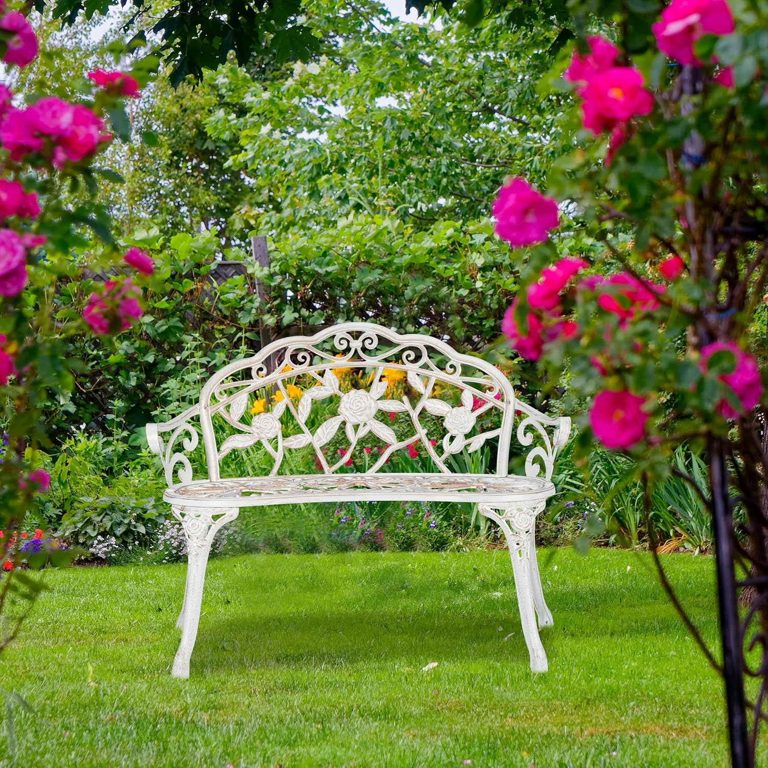 Relaxdays Gartenbank, 2 Sitzer, Rosen, Terrasse, Balkon, Alu & Gusseisen, antike Sitzbank, 78 x 98 x 57 cm, weiß/Bronze
