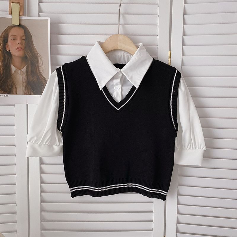 DIYI - Namaak tweedelig gebreid blouse met korte mouwen